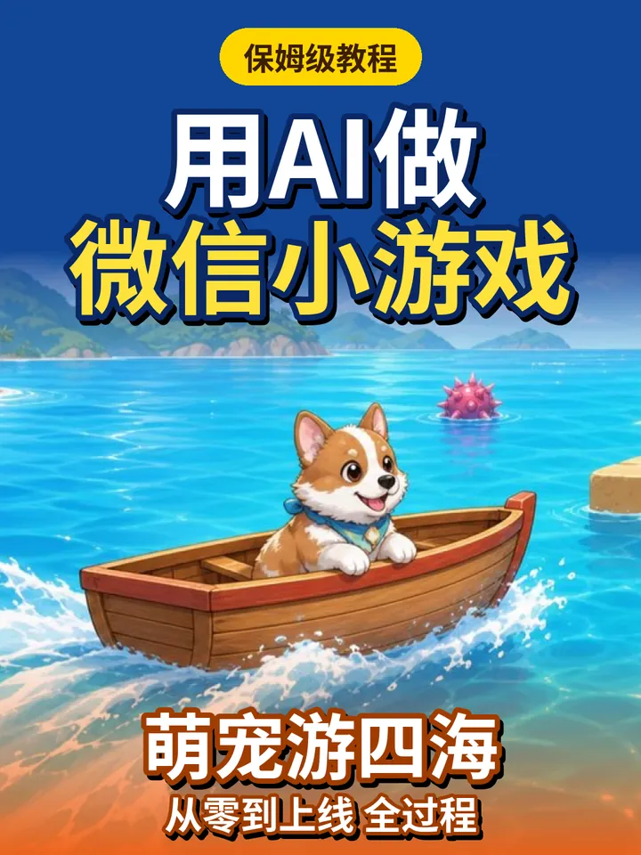 《萌宠游四海》教程封面：小狗坐在木船里漂在海上，标题“用AI做微信小游戏”