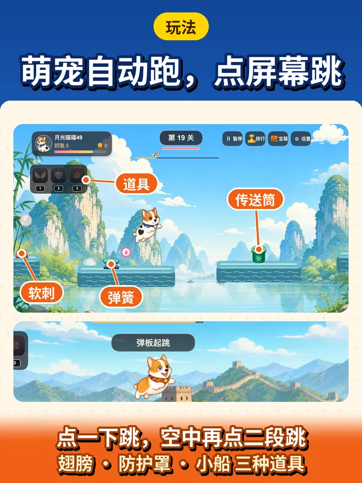游戏画面标注：道具栏、软刺、弹簧和传送筒，萌宠在桂林山水背景中跳跃
